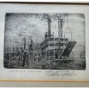 VTG Walter Parke Original Drawing Memphis Levee Paddle Wheeler Boat 4" x 3"